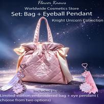 Flower Knows Knight Unicorn Limited Set: Silkworm Plate Pendant + Pink Quilted Tote Bag Silkworm Plate and Bag white