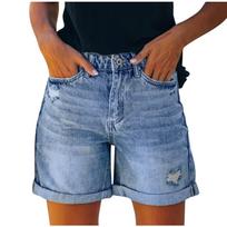 Spring Summer Women's High Waisted Fringed Ripped Denim Shorts XS mėlyna