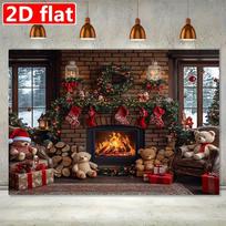 2D Christmas Living Room Backdrop with Warm Fire, Teddy Bears and Festive Decor 47.2x31.5inch/120*80cm