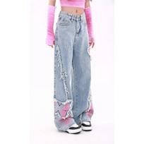Women's Blue Baggy Butterfly Jeans Vintage Cowboy Pants Harajuku Denim Trousers Aesthetic Y2k Oversize Trashy 2000s Clothes 2026 S mėlyna