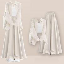 Women Spring Summer Sunscreen Shirt+Strap+Casual Skirt Pants 3-Piece Suit Elegant Loose Tracksuit Matching Set M žalia
