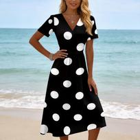 Women's Polka Dot V-Neck Short Sleeve Dress Casual Summer Fashion L juoda