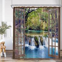 Waterfall Landscape Shower Curtain Forest Lake Window Outside Nature Scenery Modern Home Bathroom Decor Bath Curtains With Hooks 90x180cm-35x70in