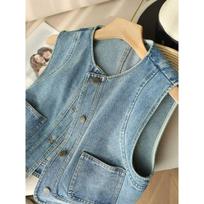 All-match Stacked Denim Vest Women's Spring and Summer Loose Short Small Sleeveless Jacket Casual Top XXXL mėlyna