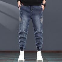 Jieleinuo Men's Retro Heavyweight Wear-Resistant Cuffed Denim Jeans 3XL mėlyna