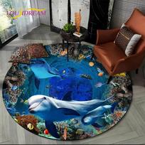 3D Seabed Illusion Dolphin Round Rug, Underwater World Print Non Slip Floor Mat for Living Room, Bedroom, Playroom, Home Decor 60cm