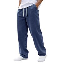 Men’s Denim Pants with Elastic Waistband and Drawstring Casual Relaxed Fit Straight Leg Trousers for Everyday Wear L