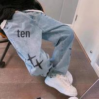 2026 Men's Wide Leg Jeans with Cross Star Embroidery - Spring/Autumn Trendy Straight Fit 3XL mėlyna