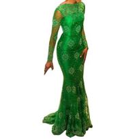 Long Sleeve Boat Neck Hip Wrap Fishtail Hem Bridesmaid Dress Elegant Crochet Lace S žalia