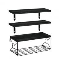Wall Mounted Shelf Rustic Wooden Bathroom Wall Shelf with Metal Basket Over Toilet Floating Storage Organizer Rack for Home juoda