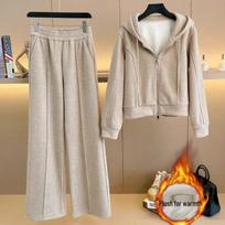 Luxury Velvet Hooded Cardigan & Wide-Leg Pants Set - Casual Autumn/Winter Fashion for Women 2XL