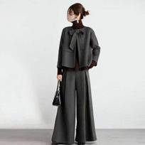 2026 Fall/Winter Japanese Tie-Neck Cropped Jacket & Wide-Leg Pants Set Medium tamsiai pilka spalva