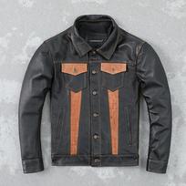 Leather Jacket Men's First Layer Cowhide Contrasting Denim Pure Leather Jacket Lapel Slim Trendy Coat 2XL juoda