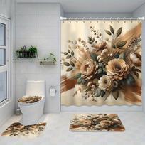 Water-Resistant Floral Shower Curtain Set With 12 Hooks, Non-Slip Bathroom Rugs, Toilet Seat Cover, Decorative Woven Polyester W60H190(CM)-1 Pcs