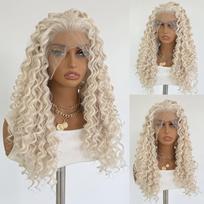 Platininės blondinės garbanota peruka 13x4 Ilgas giliai garbanotas sintetinės nėriniuotos priekinės perukai moterims Be klijų Atsparus karščiui pluoštas Kasdienis Cosplay (as the picture,18inches&1 PC&Lace Front Wigs) brown