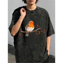 Cute Robin Bird on Branch Vintage Washed T-Shirt Cottagecore Oversized Crew Neck Short Sleeve for Men Women S