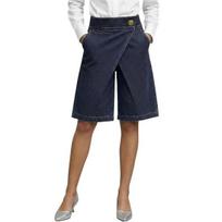 Stretchy Denim Bermuda Shorts for Women, High Waisted Knee Length Jeans Shorts, Button Baggy Loose Jorts with Pockets S tamsiai mėlyna spalva