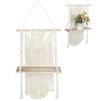 Hand Knitting Wall Hanging Shelf Organizer Rope Plant Pot Holder for Home Decoration(40x70cm )