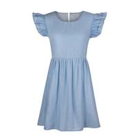 Mini Dress Ruffle Sleeve Solid Color Women Loose Round Neck Denim Dress for