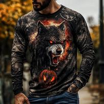 Vintage Wolf Print Men's T-shirt Hip Hop Trend Streetwear Casual O-neck Long Sleeve Top Spring Autumn Outdoor Pullover Clothing S black