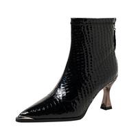 Pointed Toe Back Zip Stiletto Heel Booties Fashion Collision-Resistant Metal-Toe Patent Leather Slip-Resistant Heels 35 juoda
