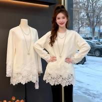 Mid-Length German Fleece Lace Patchwork Long Sleeve T-shirt - Women's Thickened Base Layer, Autumn/Winter 2026 Collection. 3XL (for 160-180 jin) balta