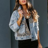Leopard Print Denim Jacket Women Vintage Coat  Autumn Outerwear Turn Down Collar Button Pockets Female Overcoat Streetwear S šviesiai mėlyna spalva