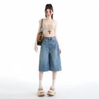 High Quality Retro High Waist Flared Denim Shorts Women Summer Loose Casual Wide Leg Cropped Pants XS mėlyna