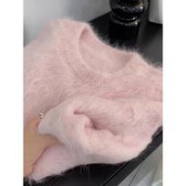 Lazy wind green mohair sweater women's winter thickened high-end sense super good-looking mink hair knitted sweater one size fits all rožinė