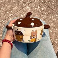 Retro bear ceramic instant noodle bowl with lid high value large capacity dormitory student rice bowl snail powder instant noodle bowl