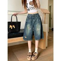 Stylish Embroidered Women's Denim Shorts 2026 Summer Loose Wide-Leg Straight Pants S