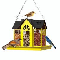 Ventilation Metal Hanging Bird Feeder House Shape Rainproof Wild Bird Feeder Large Capacity Bird Food Container Balcony geltona
