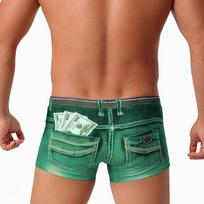 Mens Boxer Swim Trunks Imitation Denim Print Novelty Design 3D Contour Pouch Quick Dry Elastic Waist Sexy Swimwear For Beach Pool Party Asian M žalia