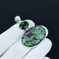 Unique Ruby Zoisite & Green Tourmaline Pendant, 925 Sterling Silver Jewelry, Handmade Jewelry, Boho Jewelry, Antique Pendant For Anniversary Gifts 6.5 Cm žalia