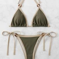 Vintage Sexy Hanging Neck Tie Tops Beach Swimsuit Women Beach Swimsuit Bikini Slim Fit Two-piece Set Swimwear 2025 Summer Female L gray