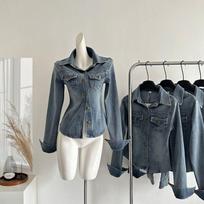 POLO Retro Blue Collar Denim Shirt Women's High-end Waist Slim Fit Jacket Top S mėlyna