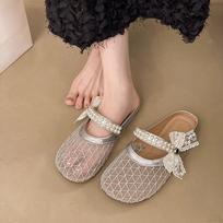 French flat-bottomed bag head half slippers women's summer wear 2025 new one-pedal fairy wind mesh single shoes cool slippers 35 sidabras