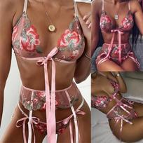 3PCS Bra Lace New Sexy Fashion Bow Tie Sleepwear Underwear Lingerie Flower Lace L rožinė