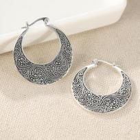 Ethnic Style Vintage Carving Silvery Plated Circle Hoop Earrings For Women Daily Vocation Fashion Metal Earrings Jewelry
