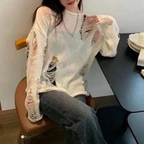 Women Lazy Style Oversized Knitwear Fall Off Shoulder Distressed Cutout Tassel Long Sleeve Sweater Top free size balta