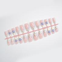 Pure Desire Nude Pink Polka Dot Medium Nails with 3D Blue Flowers & Rhinestones - Set of 24