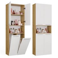 NEL 2K DK Bathroom Cabinet, Column Shelf, 2 Laundry Baskets, WHITE, ARTISAN OAK