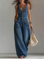 European & American Washed Denim Strappy Jumpsuit - Sleeveless, Tight Waist, Straight, Loose Fit L tamsiai mėlyna spalva