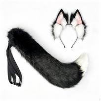 Padaro Ausų Lankelį ir Uodegos Rinkinį Minkštas Pūkuotas Aksesuaras Black White Fox Ear Tail SET black