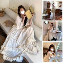 Niche High-End Lazy Style Loose Pleated V-Neck Ruffled Long Dress for Women S