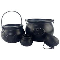 Pack Of 4 Large Black Witch Cauldron Kettles, MultiSize Candy Holders for Halloween & Patrick's Day Party Decors 1