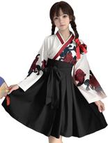 Qichenk Taisho Roman Hakama Kimono Hanfu Traditional Japanese Costume Cosplay Ethnic Costume Short Camellia Pattern Plus Size Women's hf003-D-black-L