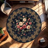 Round Navy Floral Area Rug Vintage Roses Gold Border Carpet for Living Room Bedroom Decor Cottagecore Boho Circular Floor Mat 100cm x 100cm