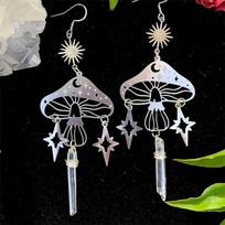 Bohemia Hollowed-out Mushrooms Sun Moon Star Irregular Natural Crystal Column Stainless Steel Dangle Earrings for Women Jewelry white