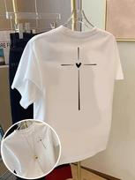 Ladies Tshirt Cross Heart Cross Front and Back Printed Fashionable Short Sleeves Summer Fashion Items S